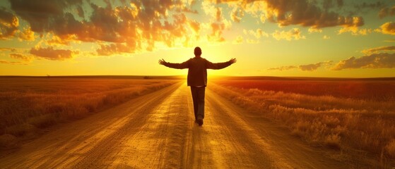 a man standing on a dirt road in the middle of a field with his arms outstretched in front of the sun.