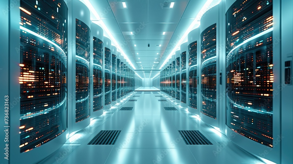 Fototapete Artificial Intelligence, Supercomputer Technology Concept, Working Data Center Full of Rack Servers and Supercomputers, Modern Telecommunications. Generative AI.