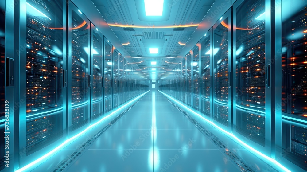 Poster Artificial Intelligence, Supercomputer Technology Concept, Working Data Center Full of Rack Servers and Supercomputers, Modern Telecommunications. Generative AI.