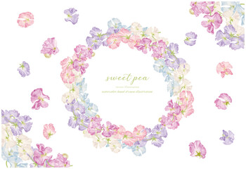 水彩手書きのスイートピーのイラストフレーム素材セット