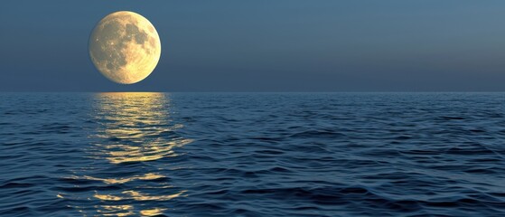 a full moon rising over the ocean with a bright reflection of the moon on the surface of the water in the foreground.