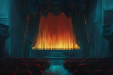 Majestic empty theater with closed red curtain, waiting for the performance. intimate setting, digital art style. evoke a sense of anticipation. AI