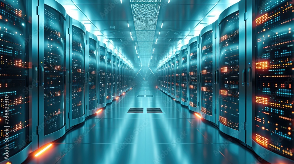 Poster Artificial Intelligence, Supercomputer Technology Concept, Working Data Center Full of Rack Servers and Supercomputers, Modern Telecommunications. Generative AI.