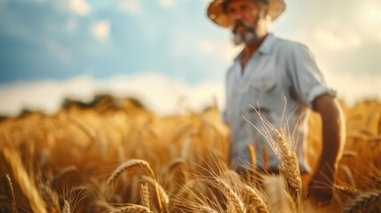 Naklejka na ściany i meble Close Up View Of Farmer walking through a wheat field. Generative AI.