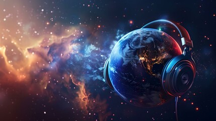 Creative earth with headphones in space, concept art for music and world unity. futuristic and vibrant imagery. AI