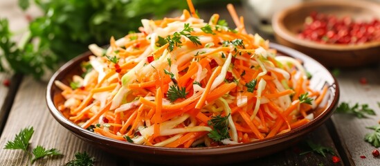 a bowl of carrots and cabbage salad on a wooden table . High quality