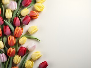 Colorful tulips with white background and blank text space