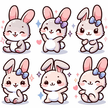 Set of cute little bunny. Borders with kawaii white bunnies. Collection of rabbits with different emotion - funny, happy, surprised