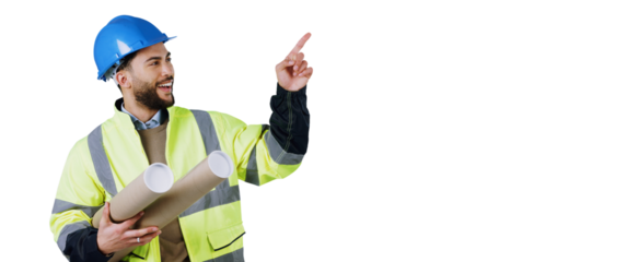 Man, architect and pointing or blueprints as construction building review or recommendation, opinion or about us. Male person, contractor and isolated transparent png background, deal or information