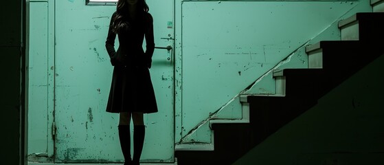 a woman in a black dress is standing in front of a set of stairs with her hands on her hips.