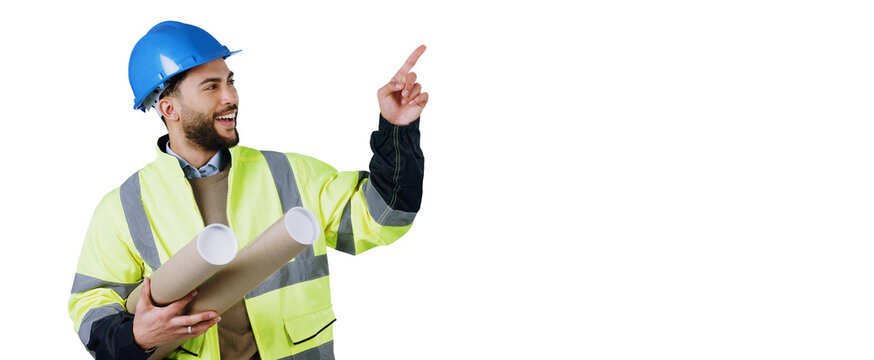 Man, architect and pointing or blueprints as construction building review or recommendation, opinion or about us. Male person, contractor and isolated transparent png background, deal or information