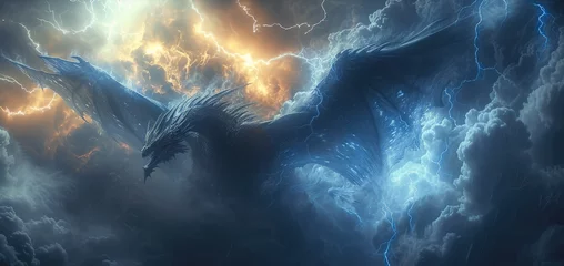 Fotobehang Blue winged western style dragon in flight, surrounded by a clouds in a lightning storm. Generative AI. © visoot