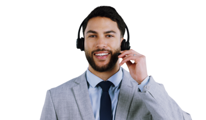 Portrait, call center or happy man consulting for contact us, faq or crm on isolated, transparent or png background. Telemarketing, face or lead generation consultant with friendly help or loan guide