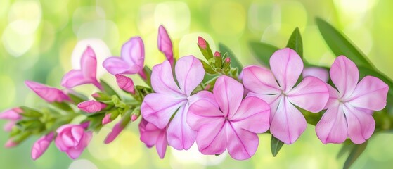 a bunch of pink flowers sitting on top of a green leaf covered tree branch in front of a blurry background.