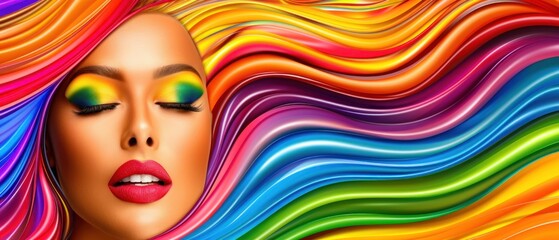a woman's face with multicolored hair and make - up in the shape of a rainbow wave.