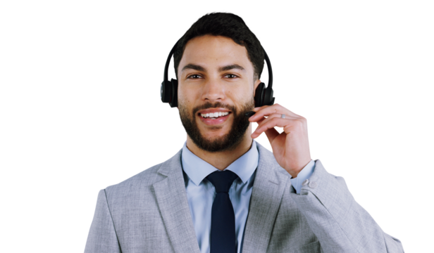Portrait, call center or happy man consulting for contact us, faq or crm on isolated, transparent or png background. Telemarketing, face or lead generation consultant with friendly help or loan guide