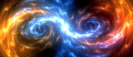 a computer generated image of two spirals of fire and blue and orange colors in the center of a black background.