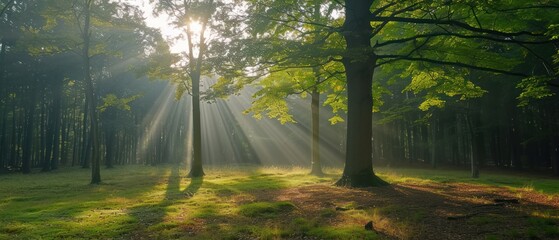 the sun shines through the trees in a forest with green grass and a patch of dirt on the ground.