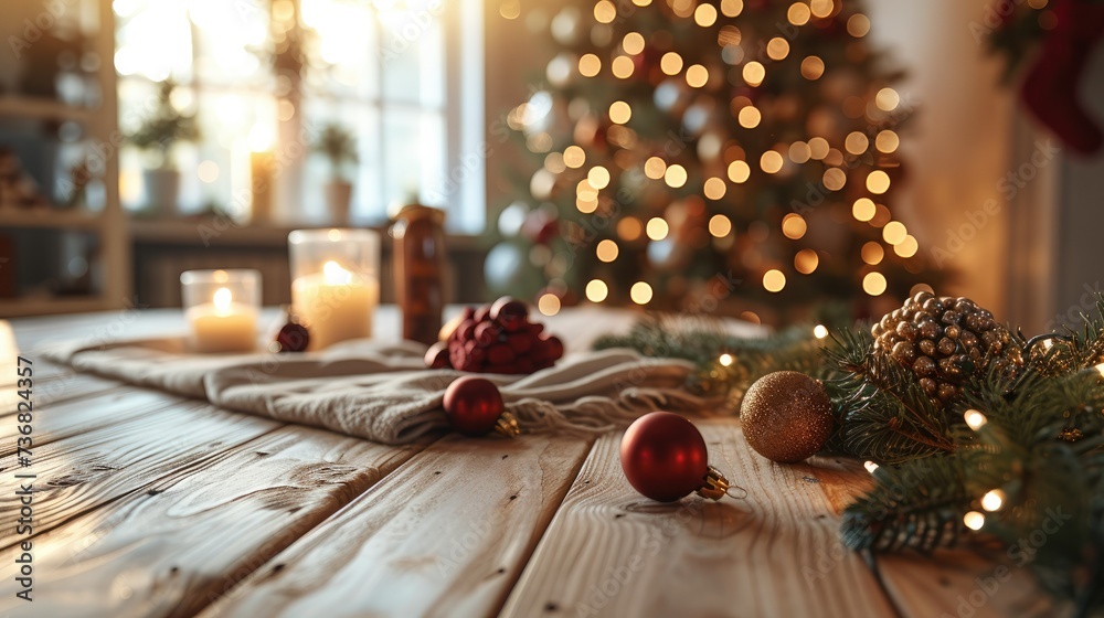 Poster Empty wooden table with a Christmas tablecloth in a minimal, cosy and warming room with Christmas decorations. Generative AI.