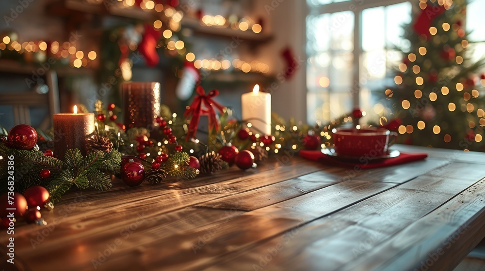 Poster Empty wooden table with a Christmas tablecloth in a minimal, cosy and warming room with Christmas decorations. Generative AI.