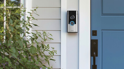 A photo of a smart doorbell with a builtin camera installed by a security system expert. The homeowners can now see who is at the door from their phone and even communicate