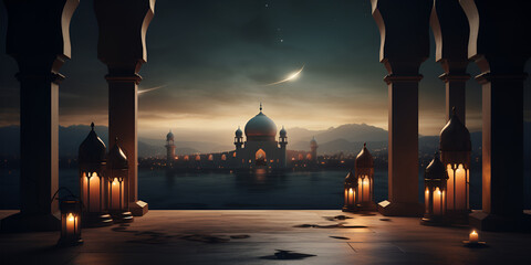 Mosque at night in moon light View - obrazy, fototapety, plakaty