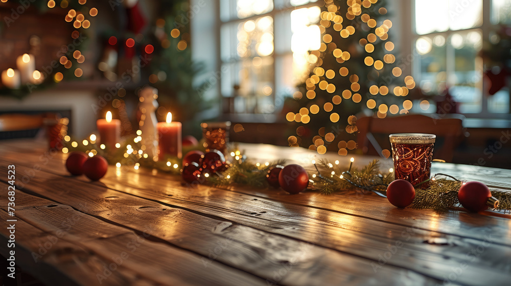 Poster Empty wooden table with a Christmas tablecloth in a minimal, cosy and warming room with Christmas decorations. Generative AI.