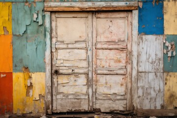 Fototapeta na wymiar A Vibrant and Grungy Wooden Door, Adorned with Layers of Peeling Paint and Eclectic Colors, Generative AI