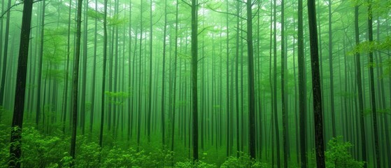 a green forest filled with tall trees and lots of tall green trees in the middle of a forest filled with lots of tall green trees.