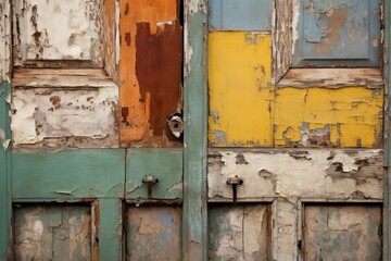 Fototapeta na wymiar A Vibrant and Grungy Wooden Door, Adorned with Layers of Peeling Paint and Eclectic Colors, Generative AI