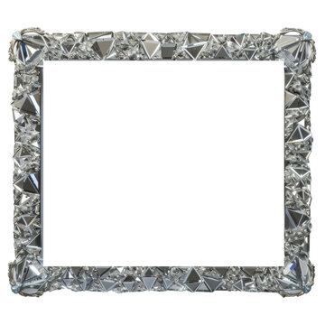 Elegant silver diamond frame with intricate designs, isolated on white, ideal for luxurious invitations and classy events, luxury branding, event invitations, high-end product showcases.