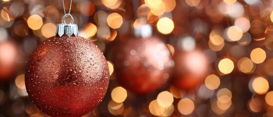 a close up of a red ornament hanging from a chain with a blurry background of christmas lights.