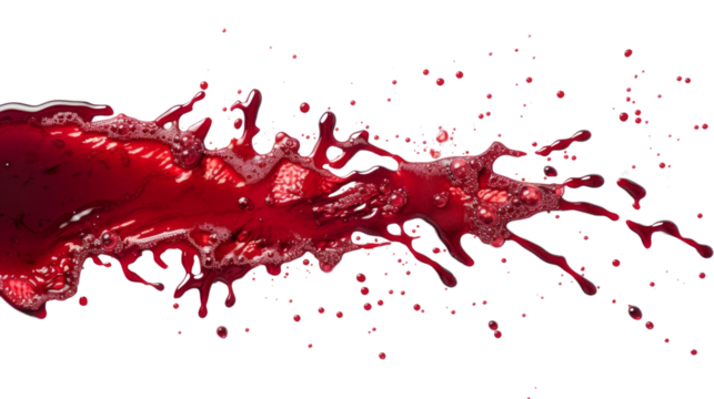 Dynamic red ink, wine or blood splash on a white background, symbolizing urgency or passion, suitable for design backgrounds.