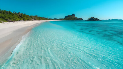 beach with crystal-clear turquoise waters and powdery white sand.