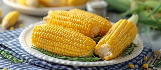 Fresh sweet corn on the cob served on a white plate, a delicious and natural food ingredient for a tasty dish