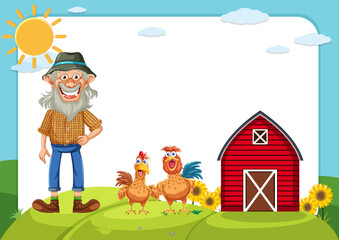 Cheerful farmer standing by chickens and a barn