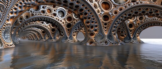 a group of large metal structures sitting on top of a body of water with lots of holes in the middle of them.