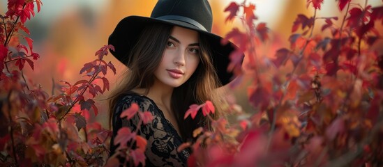 a woman wearing a black hat and a black dress is standing in a bush . High quality