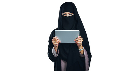 Woman, muslim and burka with tablet for internet communication for isolated, transparent or png...