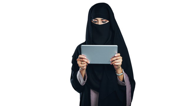 Woman, muslim and burka with tablet for internet communication for isolated, transparent or png background. Female person, islamic and connectivity in Dubai for web, subscription or online shopping