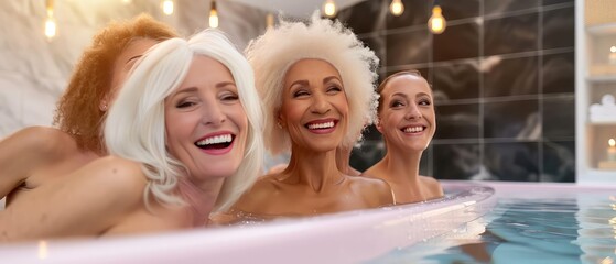 Women fitness group. Pensioners of different nationalities study in the pool. Women of retirement age in the base. Group activity of women in the pool.