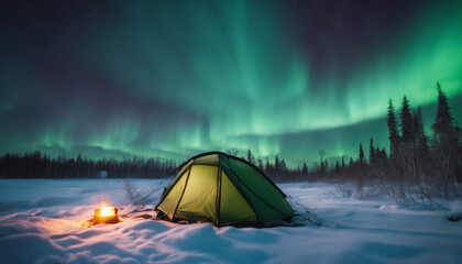 modern camping tent and northern lights landscape in winter, long exposure technique