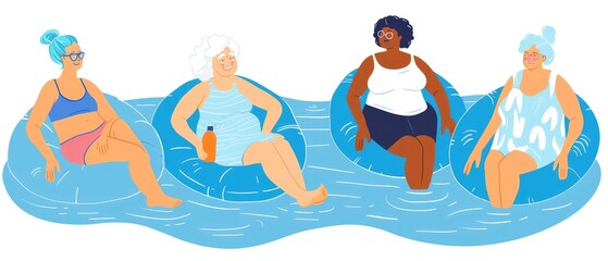 Women of retirement age in the base. Group activity of women in the pool. A group of retired women of different nationalities are working out in the pool