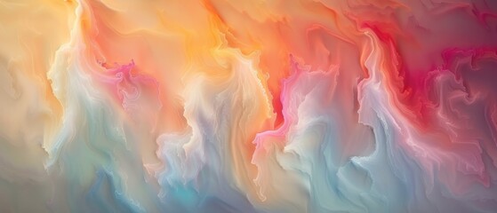 an abstract painting of multicolored clouds in a blue, orange, pink, yellow, and white color scheme.