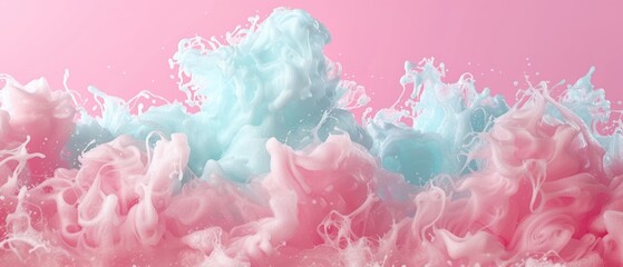 a pink and blue liquid splashing in the air on a pink and pink background with a white spot in the middle of the photo.
