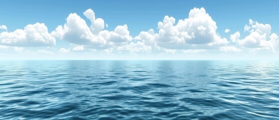 a large body of water with some clouds in the sky and a blue sky with white clouds in the background.