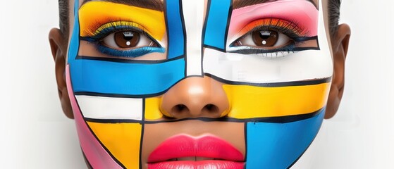 a close up of a woman's face with a multicolored make - up on it's face.