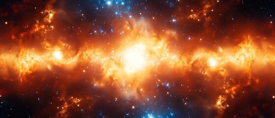 a space filled with lots of stars and a bright orange and blue light coming out of the center of the space.