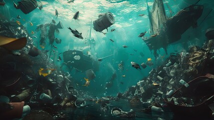 Underwater scene of pollution, sea life amongst plastic waste. environmental crisis depicted with debris in ocean water. AI - obrazy, fototapety, plakaty