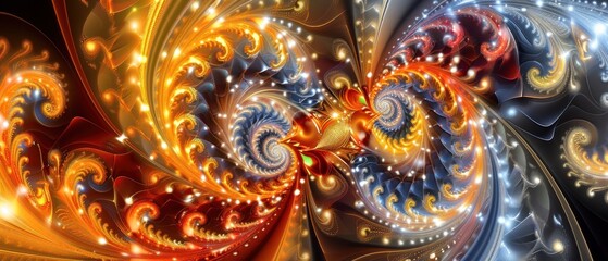 a computer generated image of a multicolored fractal design with a red, yellow, blue, and orange swirl.